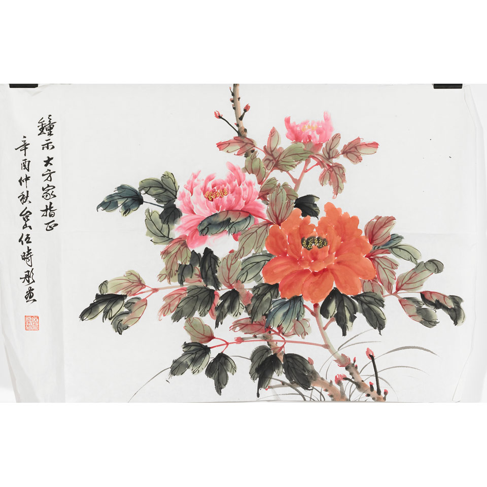 Appraisal: Chinese School SIX PAINTINGS A bouquet of peonies one seal