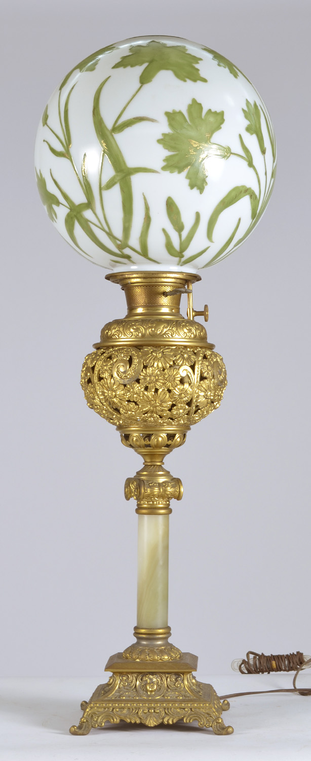 Appraisal: ALABASTER AND GILT METAL BANQUET LAMP BY BRADLEY HUBBARD With