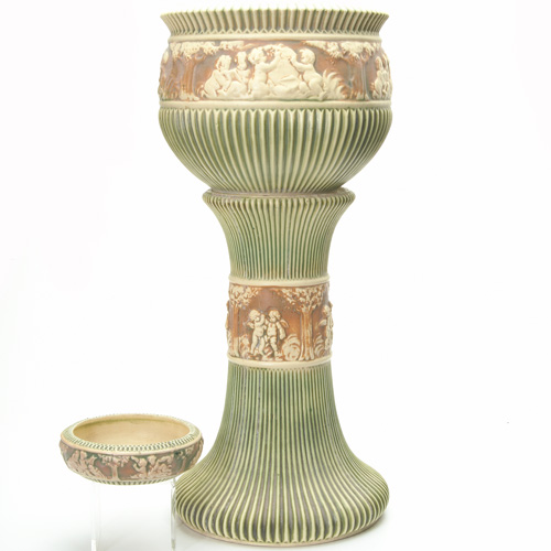 Appraisal: ROSEVILLE Donatello jardiniere and pedestal set along with a low