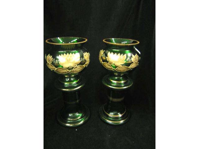 Appraisal: Pair of Green Art Glass Vases gold waterlily decor