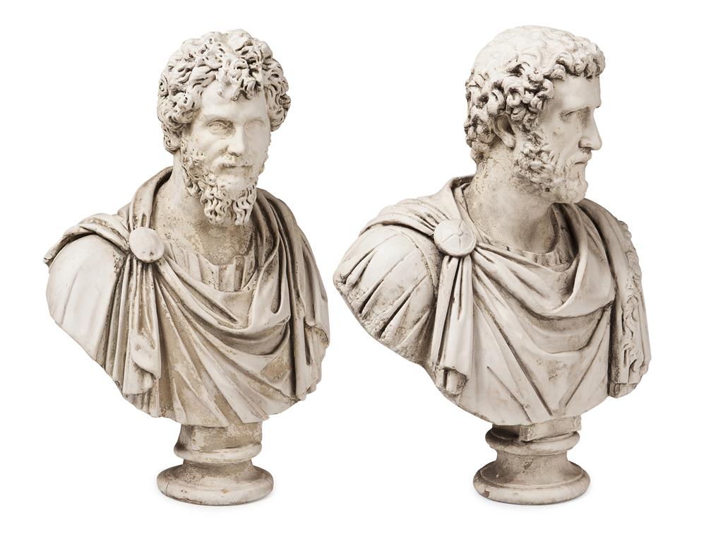 Appraisal: TWO PAINTED FIBREGLASS CLASSICAL BUSTS MODERN each depicting a Roman