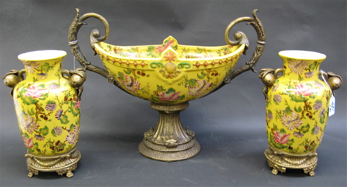 Appraisal: CHINESE THREE PIECE FRUIT BOWL AND VASE SET all mounted