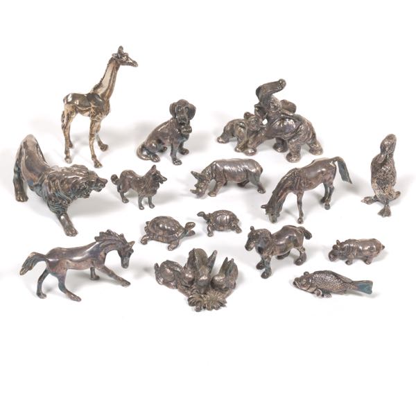 Appraisal: STERLING SILVER ANIMAL GROUPING Including elephants rhinoceros bunny family fish