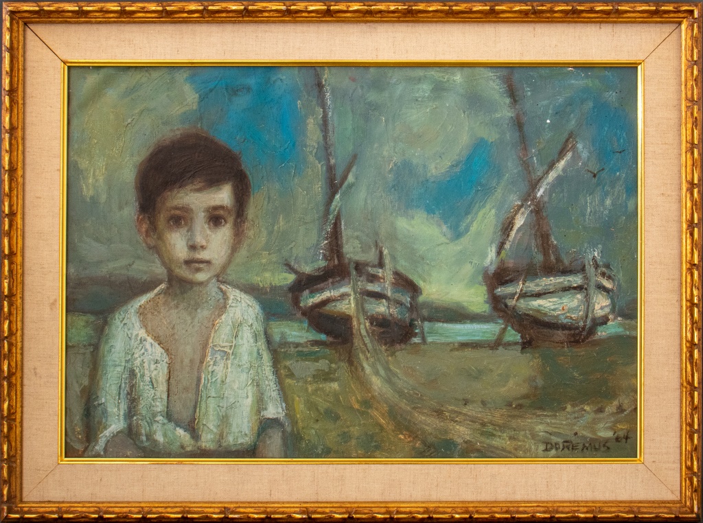 Appraisal: DOREMUS CHILD AND BOATS OIL ON CANVAS Oil on canvas