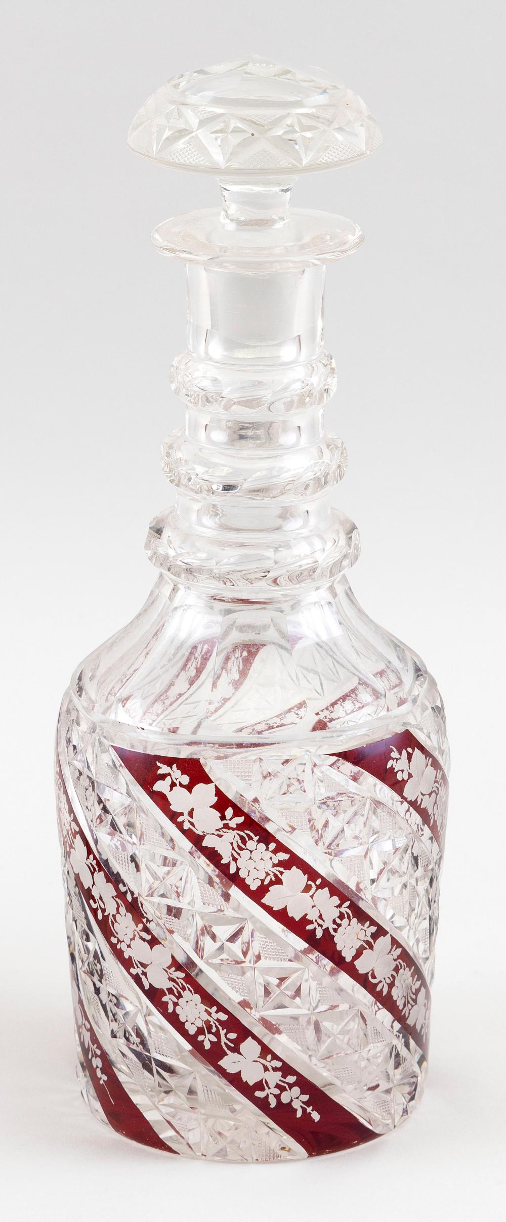 Appraisal: CUT GLASS DECANTER WITH RUBY FLASH BANDING EARLY TH CENTURY