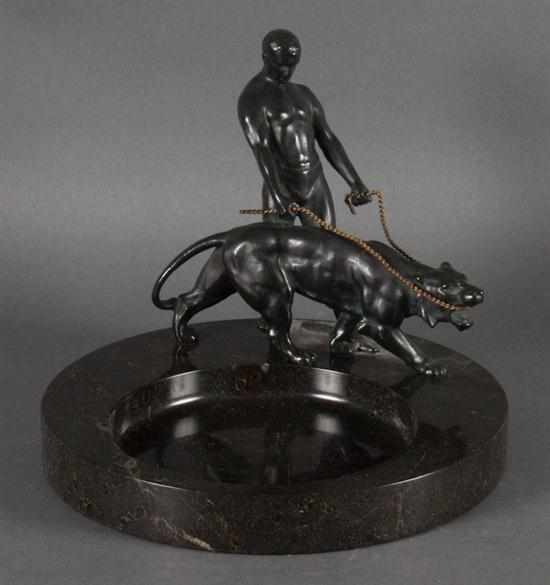 Appraisal: American Art Deco bronze and marble figural card holder second