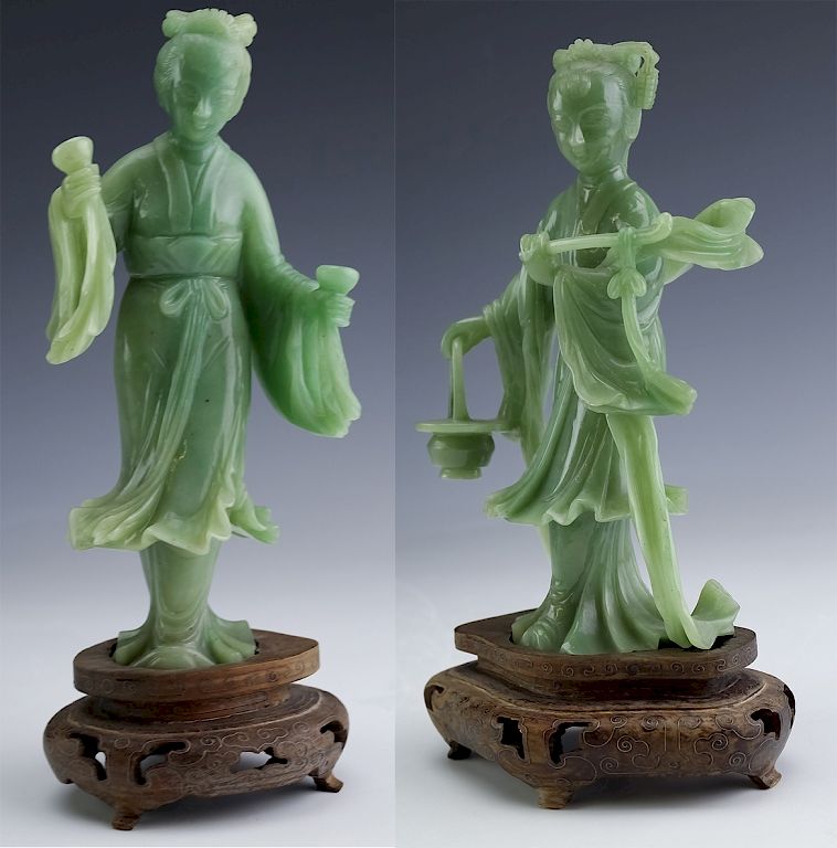 Appraisal: PAIR of Chinese Carved Green Jade Quan Yin Statue Pair