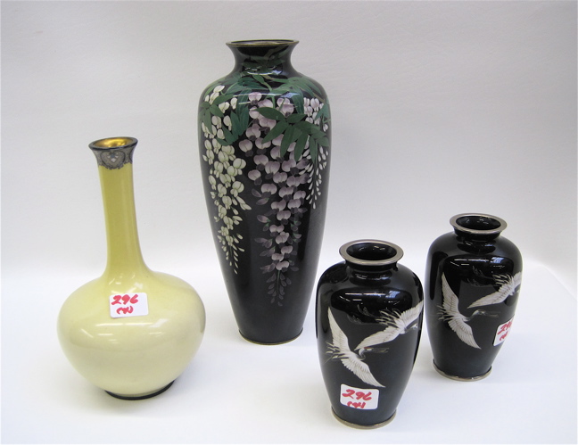 Appraisal: FOUR JAPANESE CLOISONNE ENAMEL VASES the first jar-shaped having black