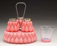 Appraisal: TWO ART GLASS ITEMS Pink glass condiment set consisting of