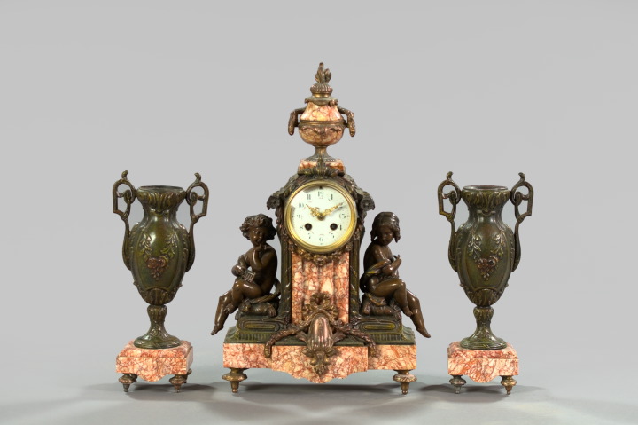 Appraisal: French Three-Piece Bronze-Patinated Spelter-Mounted Breche de Guillestre Marble Mantel Garniture