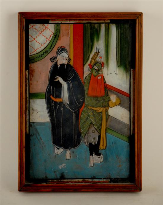 Appraisal: Asian Reverse Painting on Glass two figures in costume Framed