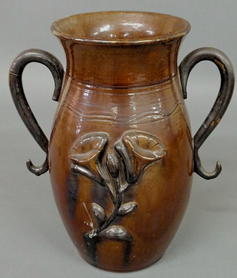 Appraisal: Stahl pottery double-handled redware vase signed Stahl h x dia