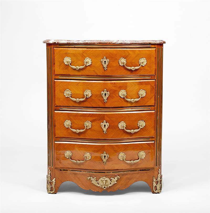 Appraisal: R gence Style Ormolu-Mounted Tulipwood and Kingwood Commode With marble