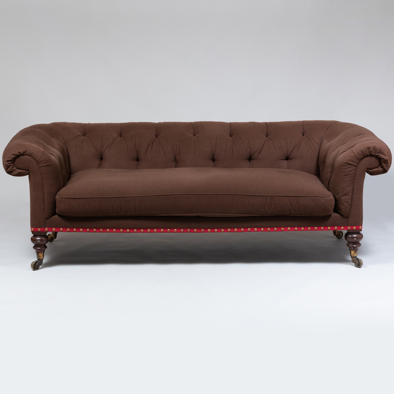 Appraisal: English Brown Tufted Fine Wool Upholstered Sofa On casters x