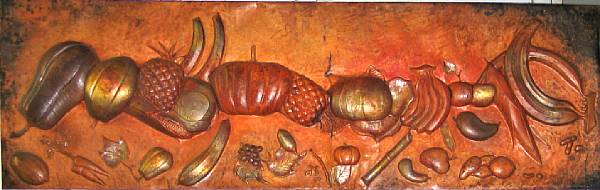 Appraisal: An African patinated copper wall plaque modern Repouss with various