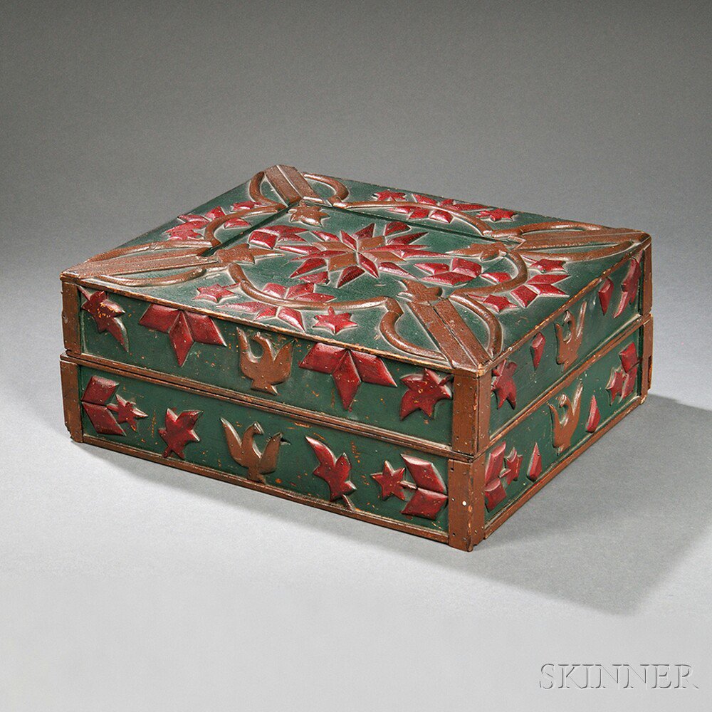 Appraisal: Green- and Red-painted Pine Storage Box with Applied Carved Decoration