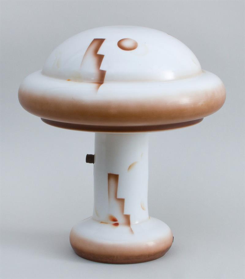 Appraisal: ART DECO ENAMELED MILK GLASS 'MUSHROOM' LAMP Enameled milk glass