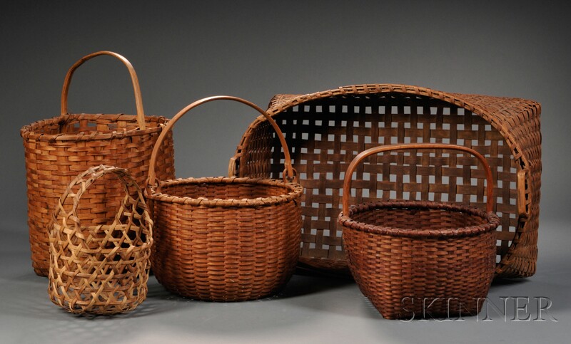 Appraisal: Five Woven Splint Baskets America th century some possibly Shaker-made