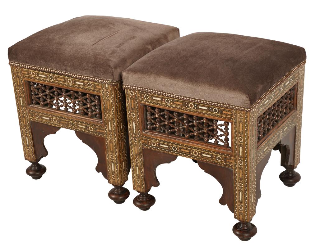 Appraisal: PAIR OF MOORISH STYLE INLAID SQUARE STOOLS th century with