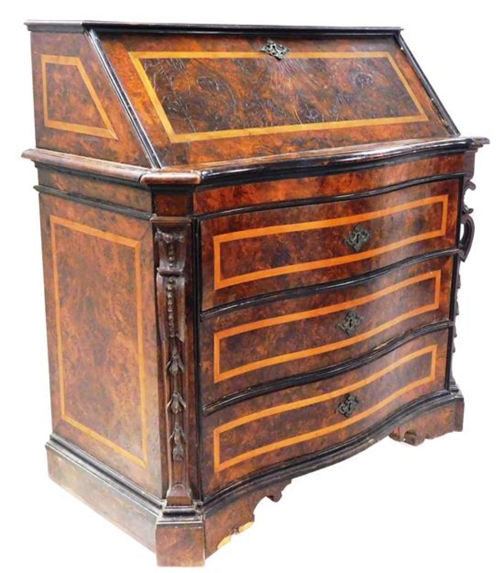 Appraisal: Slant lid desk Italian th C Rococo burl inlay and