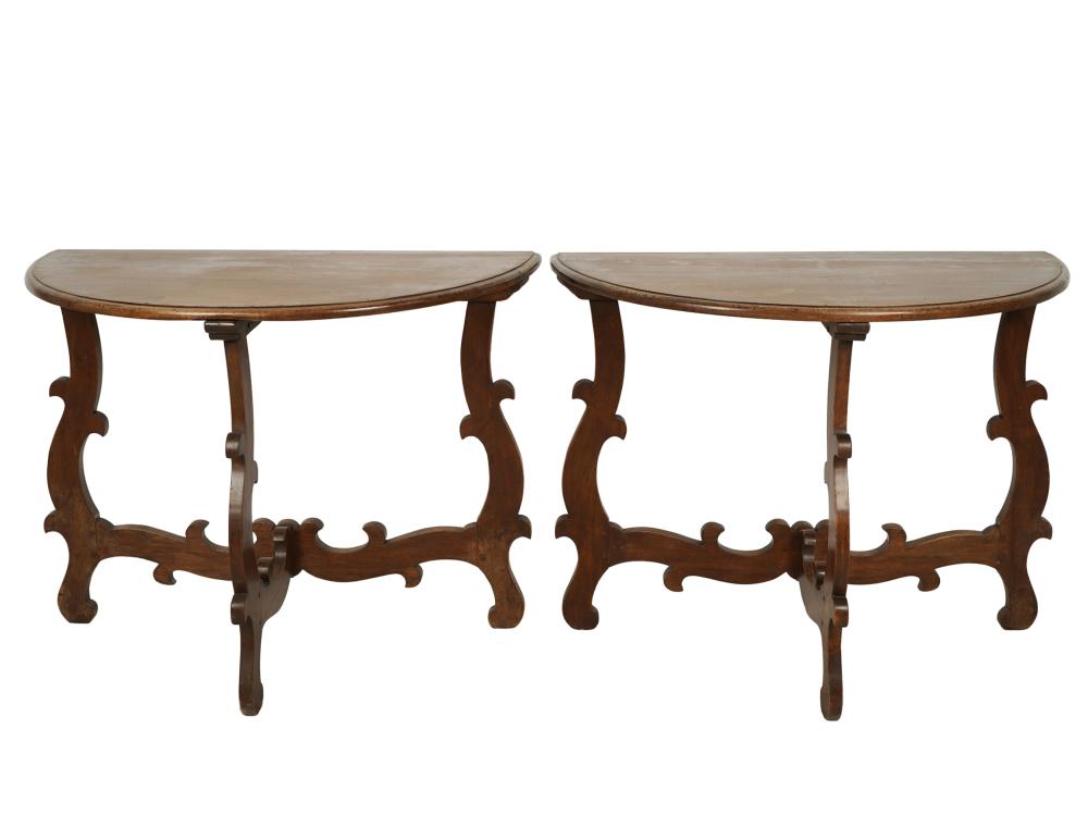 Appraisal: PAIR OF ITALIAN BAROQUE STYLE DEMILUNE SIDE TABLESlate th century