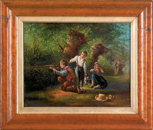 Appraisal: Oil on board scene of three children hunting signed lower