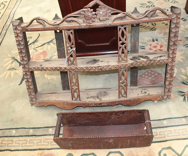 Appraisal: AN ANTIQUE CARVED FRUITWOOD TWO TIER WALL SHELF cm wide