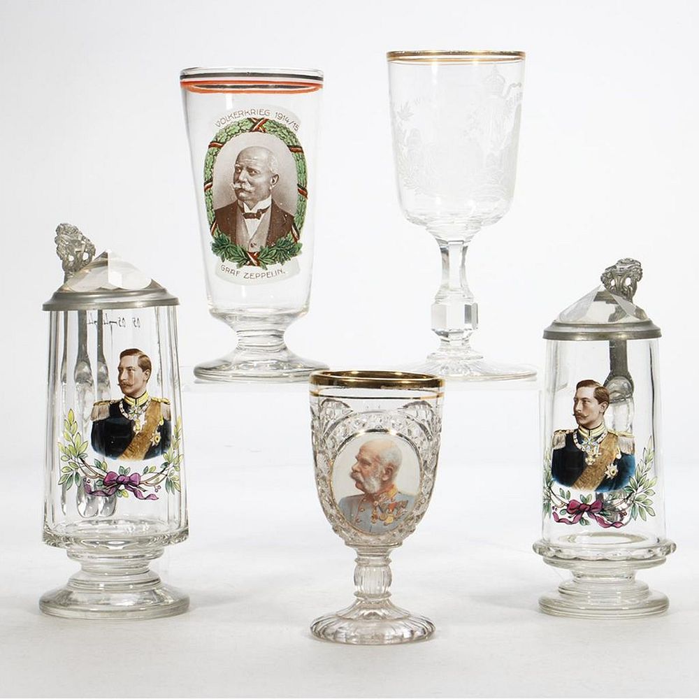 Appraisal: German Glass and Pewter Steins The steins with pyrimidal glass