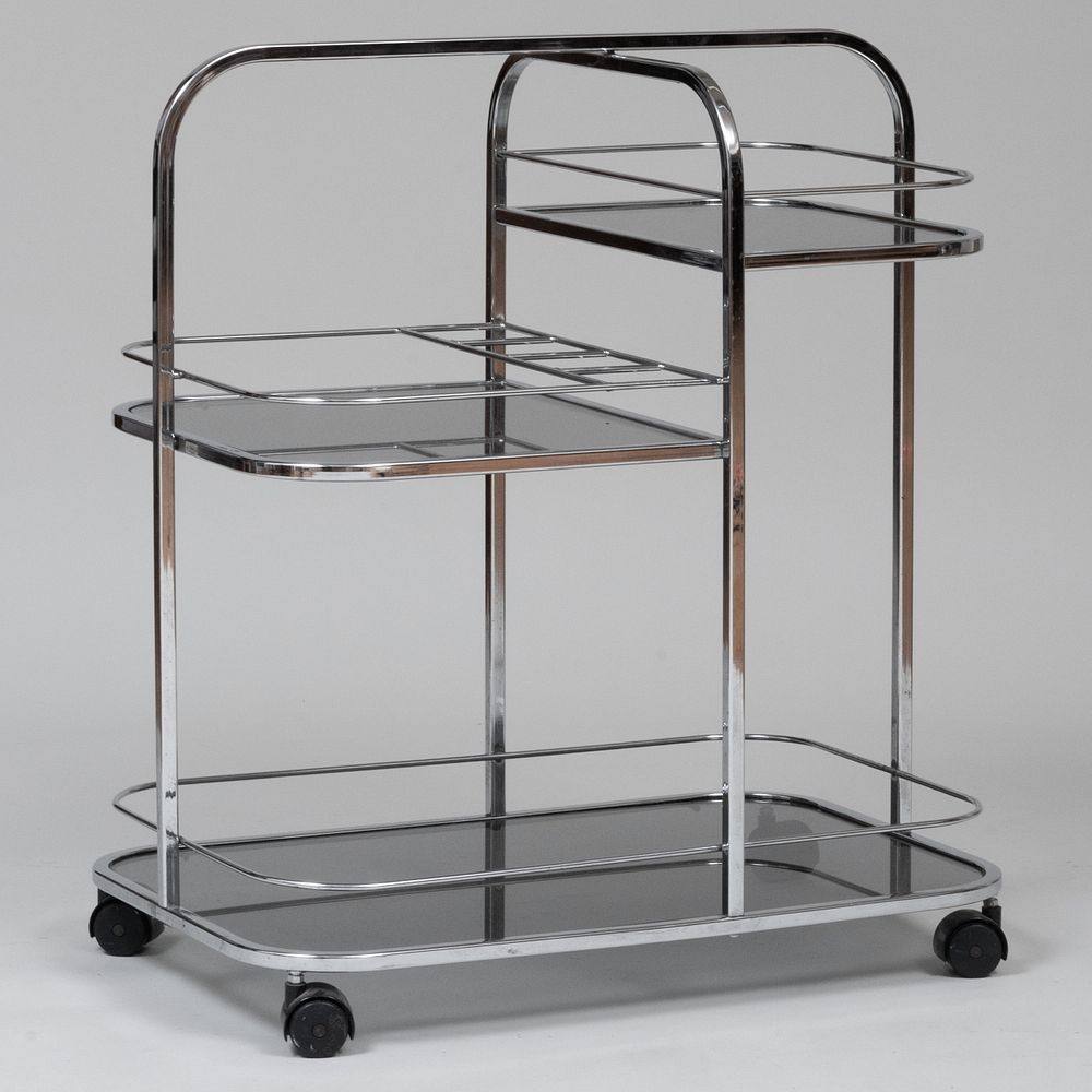 Appraisal: Modern Chrome and Smoked Glass Bar Cart Raised on casters