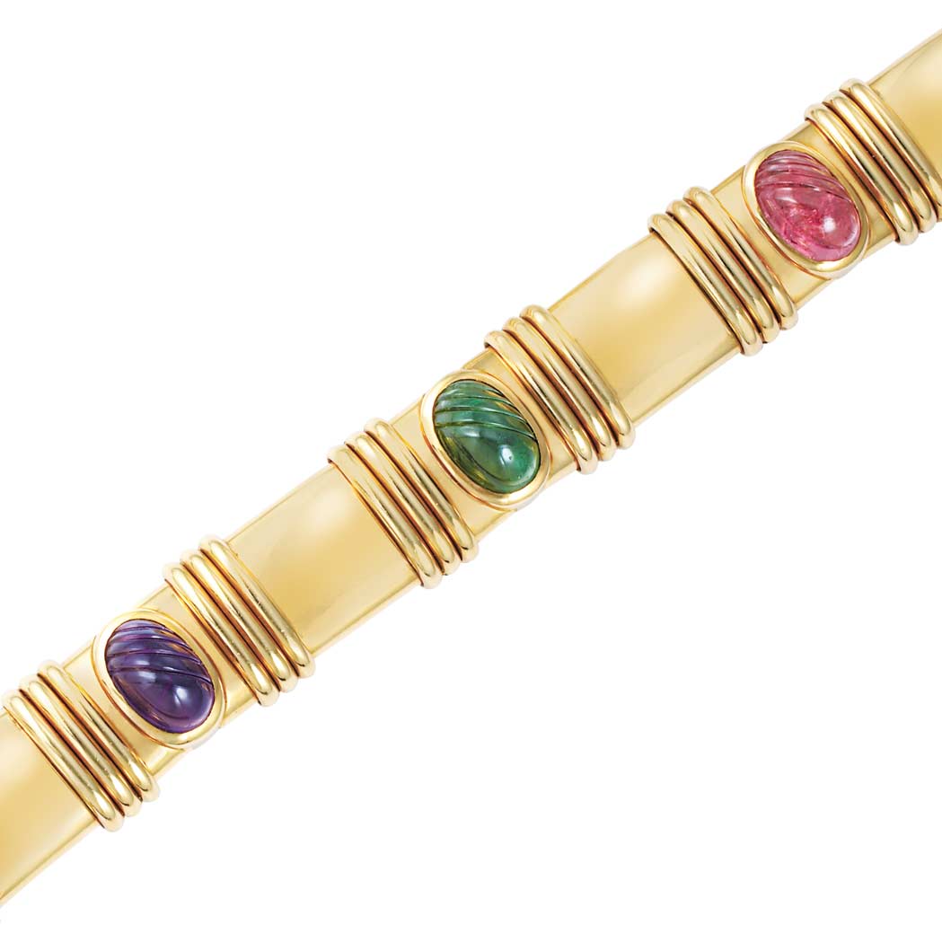 Appraisal: Gold and Fluted Cabochon Colored Stone Bracelet Amethyst tourmaline pink