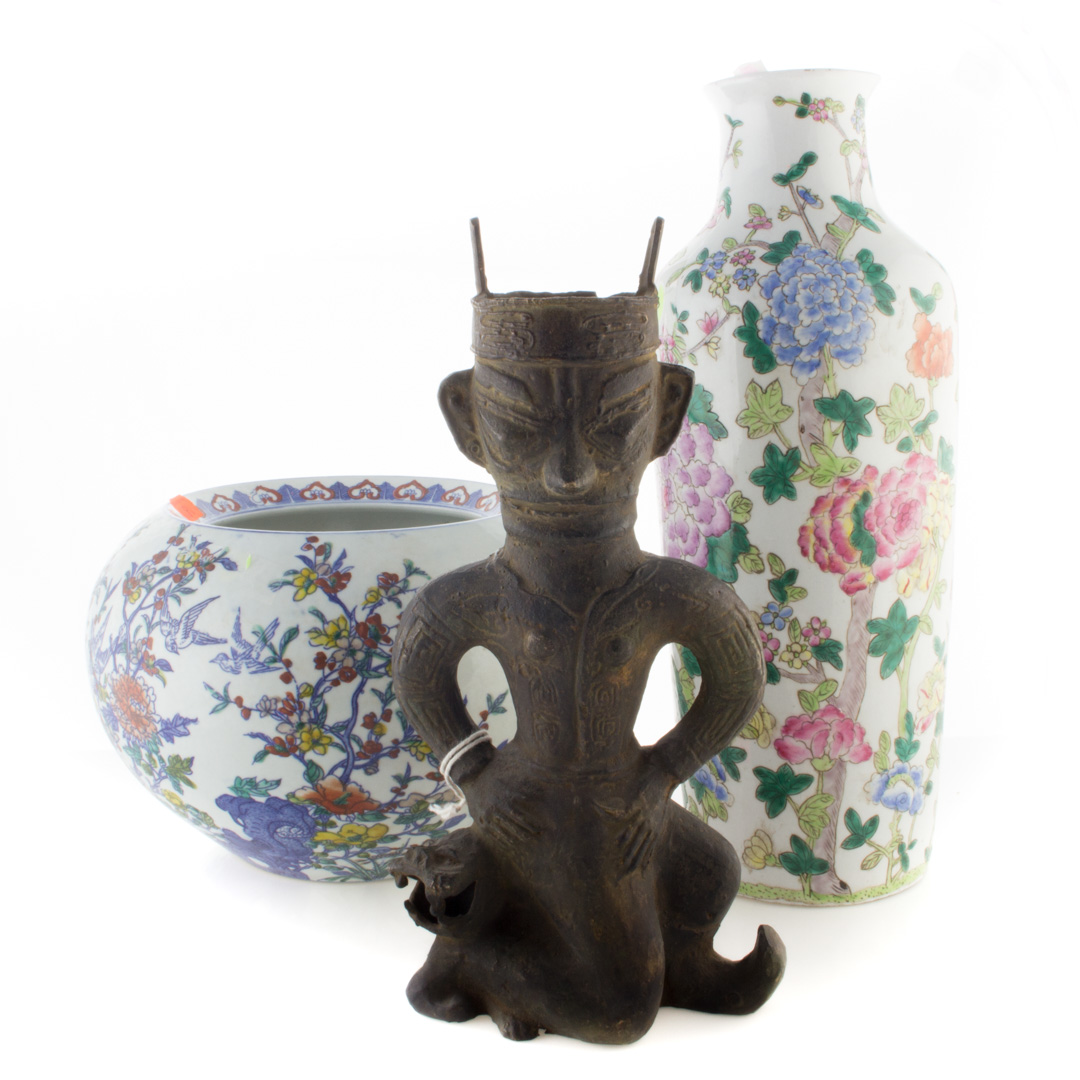 Appraisal: Two oriental vases and a metal oriental figure