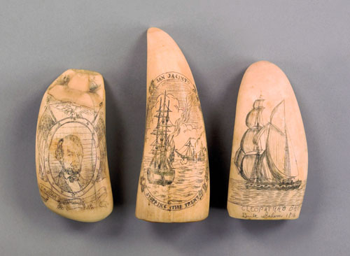 Appraisal: Three scrimshaw whale teeth early th c depicting the San