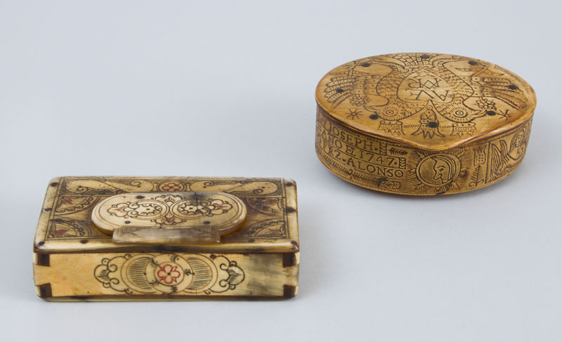 Appraisal: SPANISH COLONIAL ETCHED BONE SNUFF BOX AND A BOOK-FORM BOX