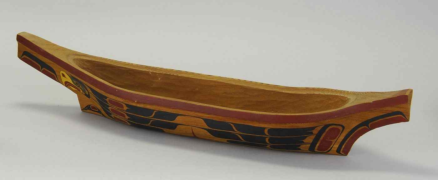 Appraisal: POLYCHROME CARVED WOOD CANOE th CenturyBy May Whonnock Kwakiutl Length