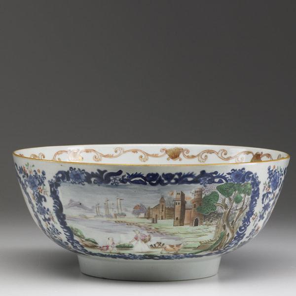 Appraisal: CHINESE EXPORT Famille Rose punchbowl painted with castle scenes th