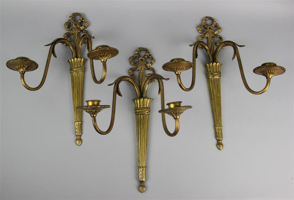 Appraisal: SET OF THREE LOUIS XVI STYLE ORMOLU TWO-LIGHT WALL SCONCES