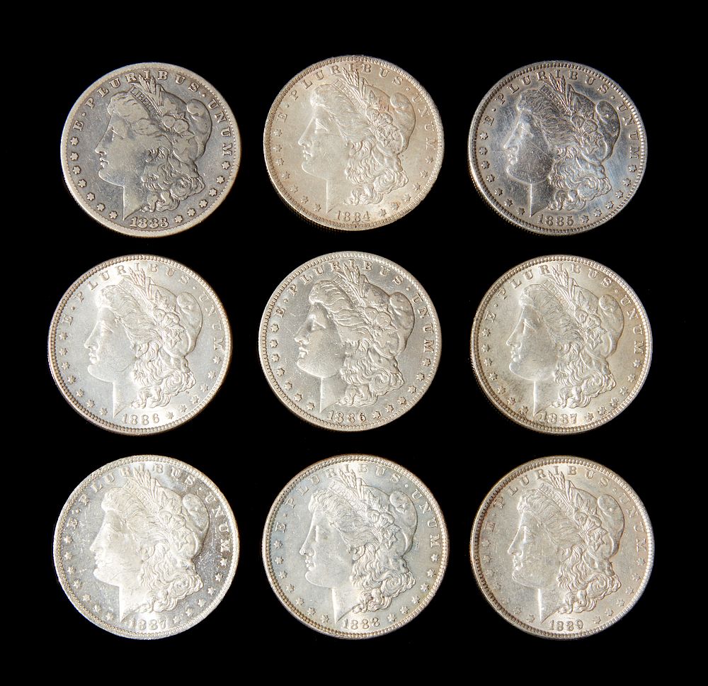 Appraisal: Nine Morgan Silver Dollars Nine Morgan silver dollars comprising left