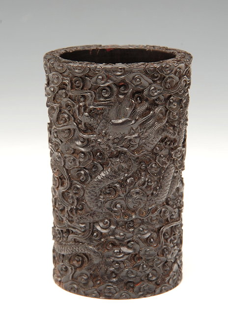 Appraisal: A CHINESE HUANGHUALI BRUSH POT of slender cylindrical form finely