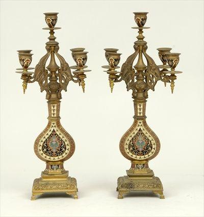 Appraisal: Pair of Moorish-Style Gilt-Metal and Cloisonn Enamel Five-Light Candelabra x