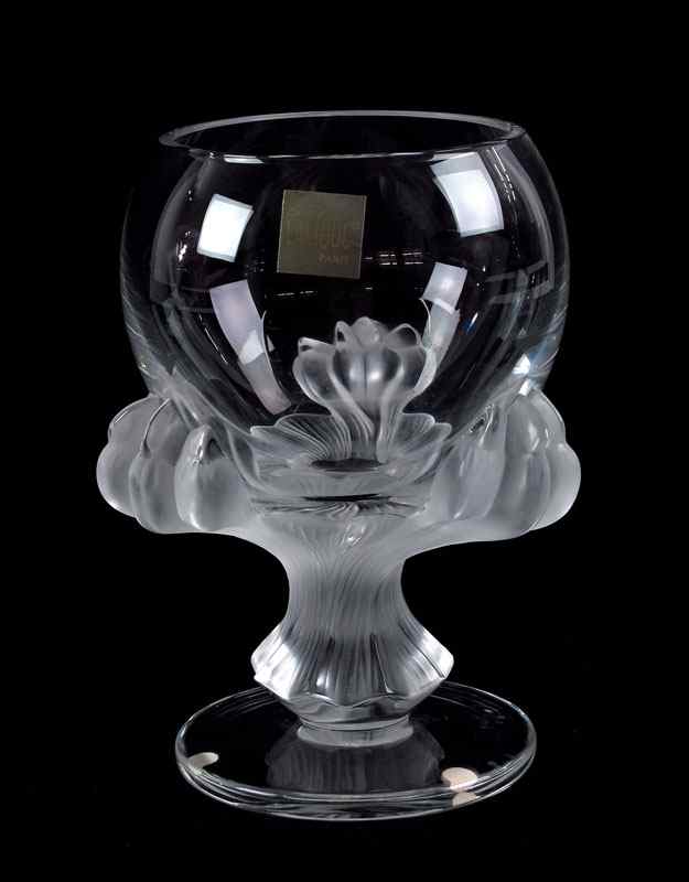 Appraisal: LALIQUE FRENCH CRYSTAL ''BAGHEERA'' LION PAW VASE Frosted paws under