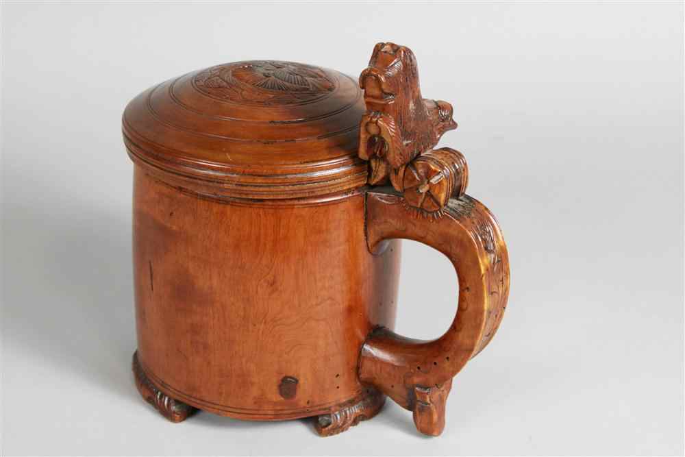 Appraisal: NORWEGIAN TREEN TANKARD partially th century perhaps Norwegian cylindrical the