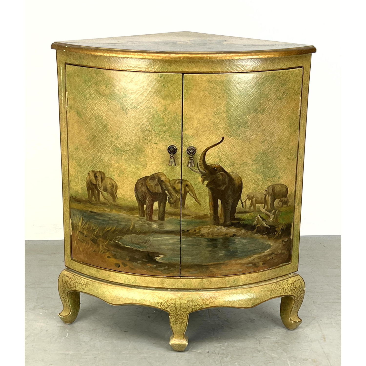 Appraisal: Hand Painted Two Door Corner Cabinet Landscape scenes with Elephants