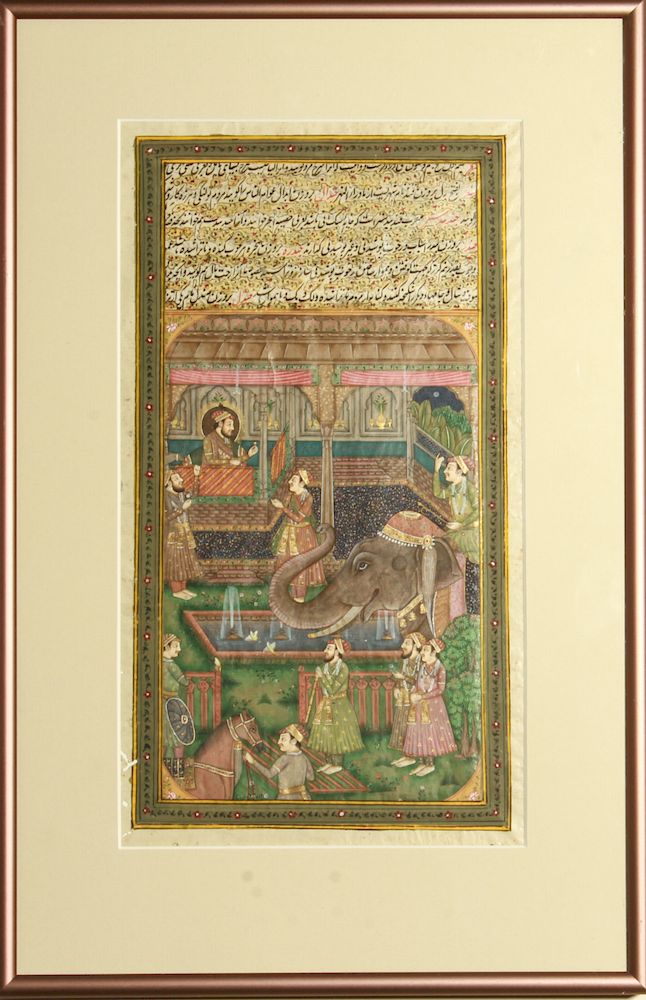 Appraisal: Indian Miniature Manuscript Court Scene w Elephant Indian miniature manuscript