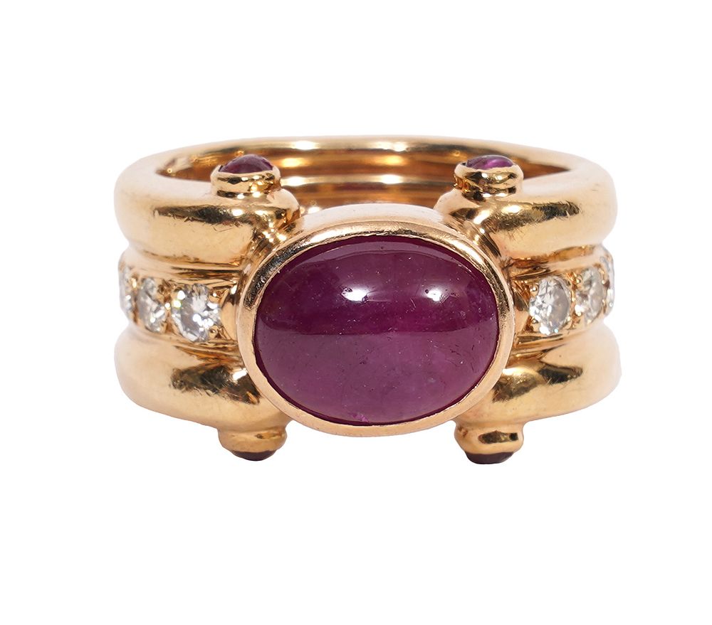 Appraisal: K YG Cabochon Ruby Diamond Ring K band style ring