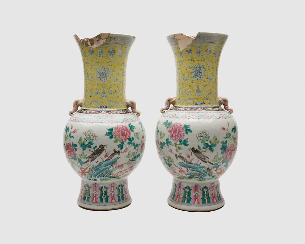 Appraisal: Pair of Chinese Famille Rose Phoenix Tail Vases with elephant