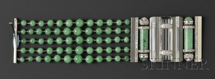 Appraisal: Art Deco Platinum Jade and Diamond Bracelet Seaman Schepps the