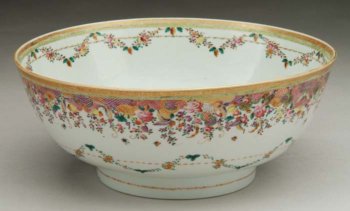 Appraisal: EARLY CHINESE EXPORT PUNCH BOWL Famile Rose center with elaborately