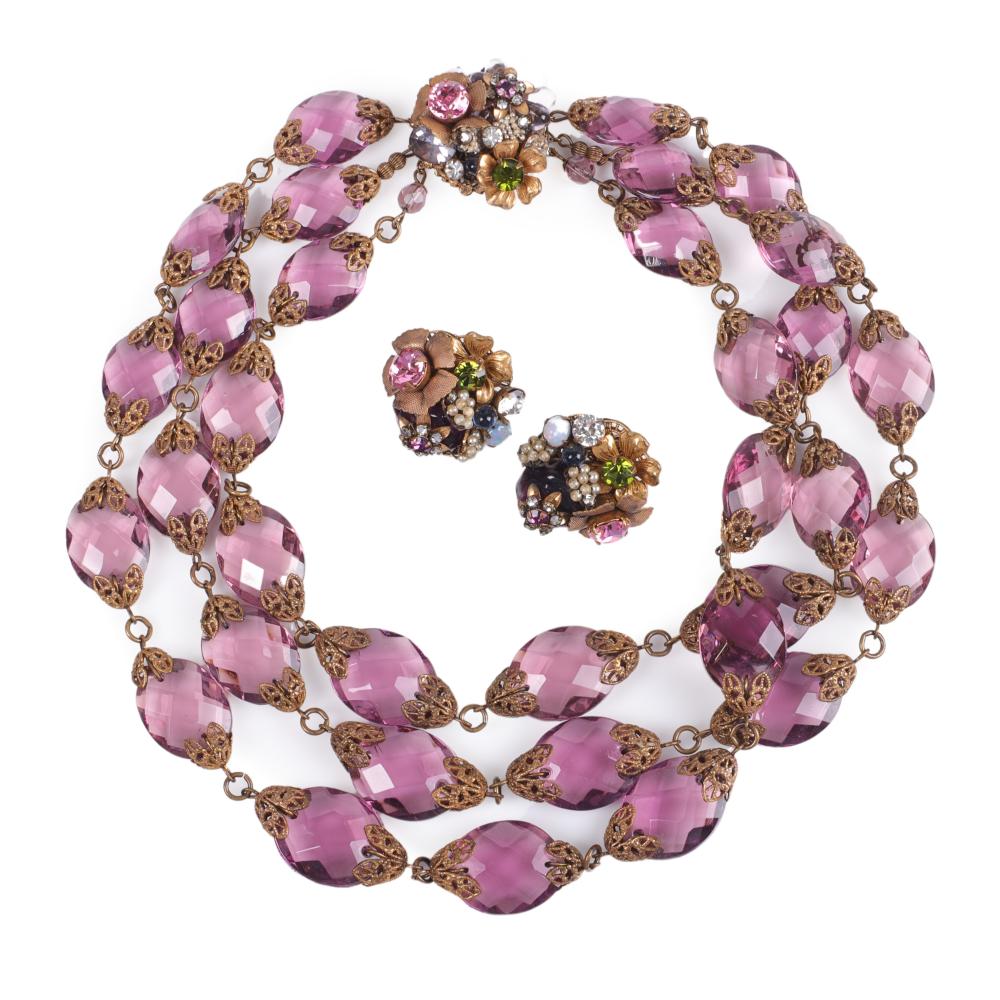 Appraisal: MIRIAM HASKELL TRIPLE STRAND CHOKER NECKLACE WITH HUGE PURPLE FACETED