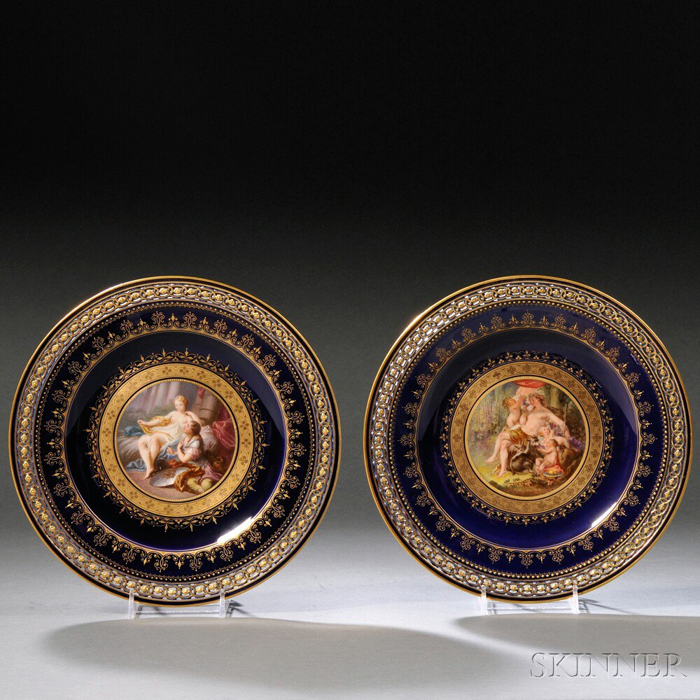 Appraisal: Pair of Meissen Porcelain Cobalt Ground Plates Germany th century