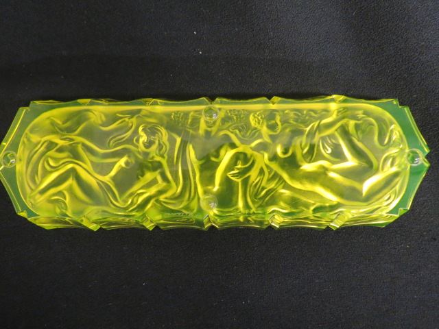 Appraisal: Vaseline Art Glass Dresser Tray a trio of nudes satin